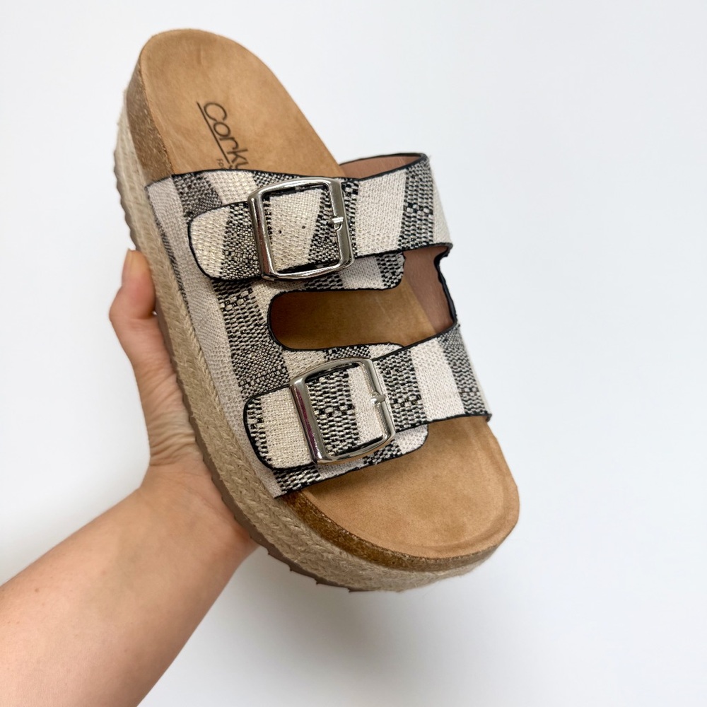 Corkys Women's Black & White Striped Dual Buckle Platform Slide